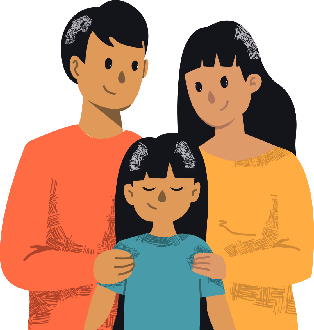 Madre y padre sonriendo poniendo sus manos al rededor de su hija también sonriendo