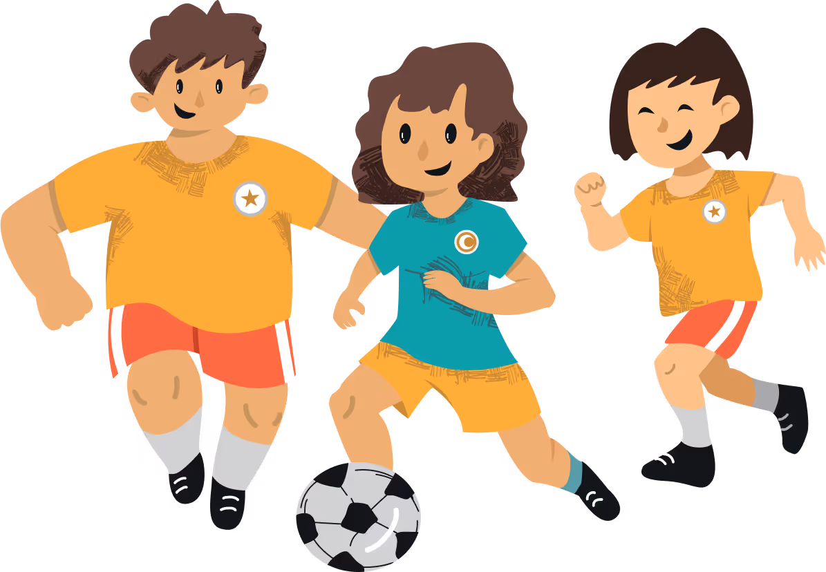 Tres niños; una nena con la pelota, un nene viniendo por la izquierda detrás y otra nena viniendo por detrás a la derecha