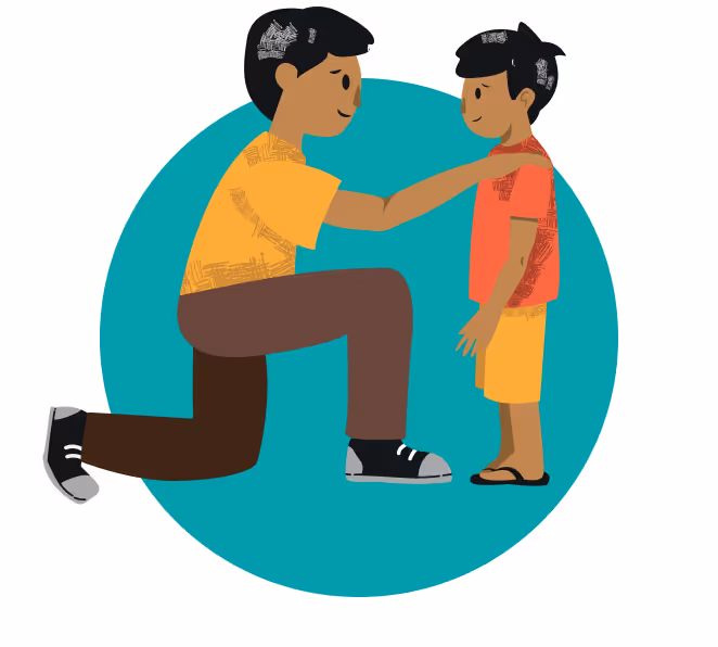 Padre agachándose y poniendo sus manos sobre los hombros del hijo